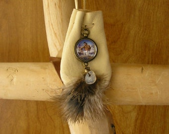 Snow Maiden buckskin leather pouch with feathers, stone & glass charms, 36" long beaded, adjustable cord, pouch is 3" x 2.5"