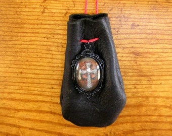 Skull Cross, Black Leather pouch with a glass charm, 40" long beaded, adjustable hemp cord, pouch is 3.5" x 2.5"