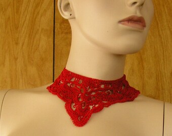 Red lace bib necklace with leather ties, hand crochet with red nylon thread, with Czech beads and miricale beads, lace is 9" & 3 1/2" wide