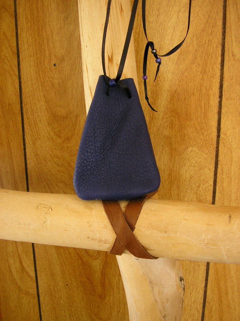 Goddess leather pouch, navy blue leather with adjustable ribbon drawstring neck cord, glass charm, pouch is 3.75 x 2.5 image 4
