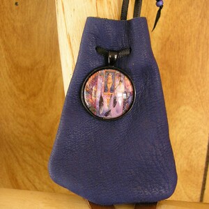 Goddess leather pouch, navy blue leather with adjustable ribbon drawstring neck cord, glass charm, pouch is 3.75 x 2.5 image 2