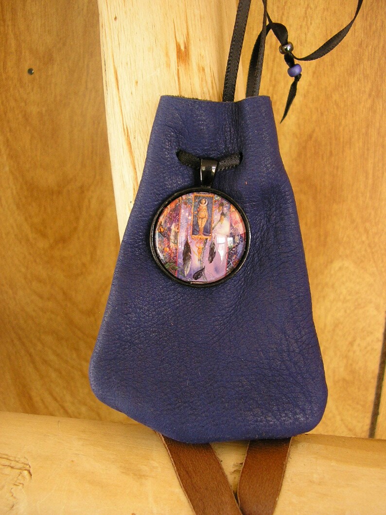 Goddess leather pouch, navy blue leather with adjustable ribbon drawstring neck cord, glass charm, pouch is 3.75 x 2.5 image 2