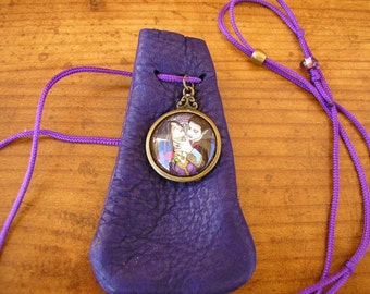 First bite purple leather pouch with 36" long adjustable, beaded neck cord and a Vampire glass charm 3" x 1.5"