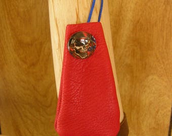 Red leather drawstring pouch with Rebel charm, adjustable drawstring neckcord, 3" x 1 1/2", talisman bag