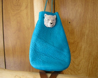 White tiger, turquoise leather drawstring pouch with a ceramic charm, 4.75" x 3.25" adjustable 30" nylon neck cord