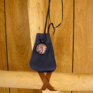 Goddess leather pouch, navy blue leather with adjustable ribbon drawstring neck cord, glass charm, pouch is 3.75 x 2.5 image 1