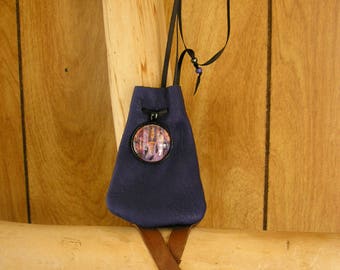 Goddess leather pouch, navy blue leather with adjustable ribbon drawstring neck cord, glass charm, pouch is 3.75" x 2.5"