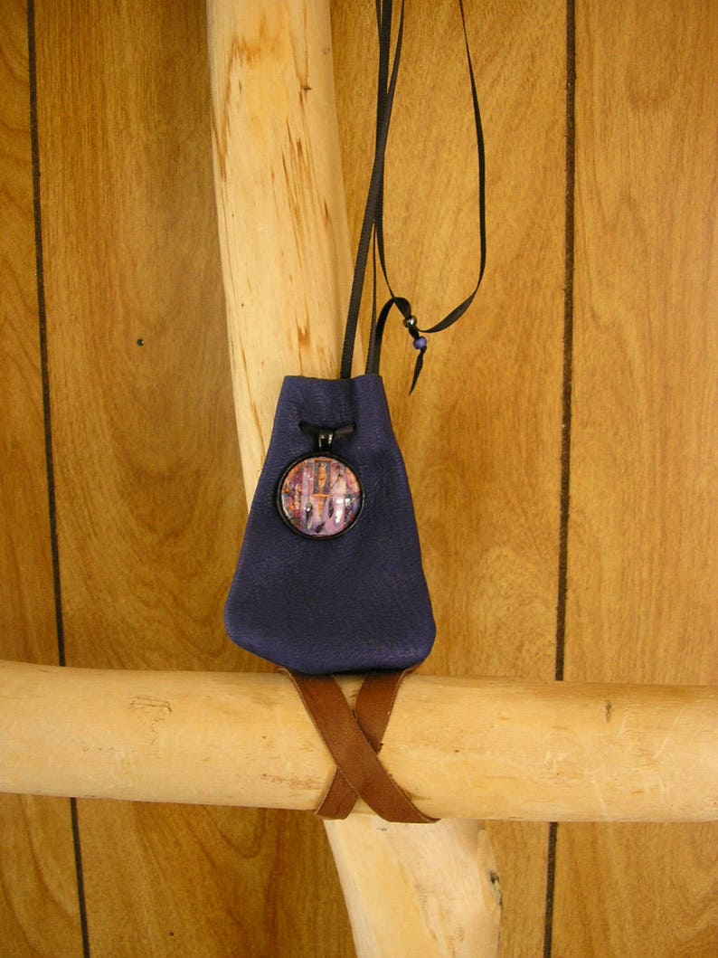 Goddess leather pouch, navy blue leather with adjustable ribbon drawstring neck cord, glass charm, pouch is 3.75 x 2.5 image 1
