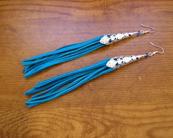 6 1/2" long Bright cerulean blue leather fringe tassel earrings with silver filigree cones, Czech crystal beads  and French hooks