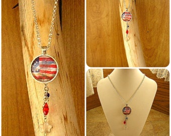 USA Flag and Eagle 1" glass cabochon pendant with crystal and glass beads, set in a silver bezel with a 24" rolo chain