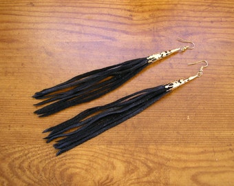 7 1/2" long Black leather fringe tassel earrings with brass filigree cones and French hooks, overall lenght includes the earwire