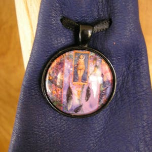 Goddess leather pouch, navy blue leather with adjustable ribbon drawstring neck cord, glass charm, pouch is 3.75 x 2.5 image 3