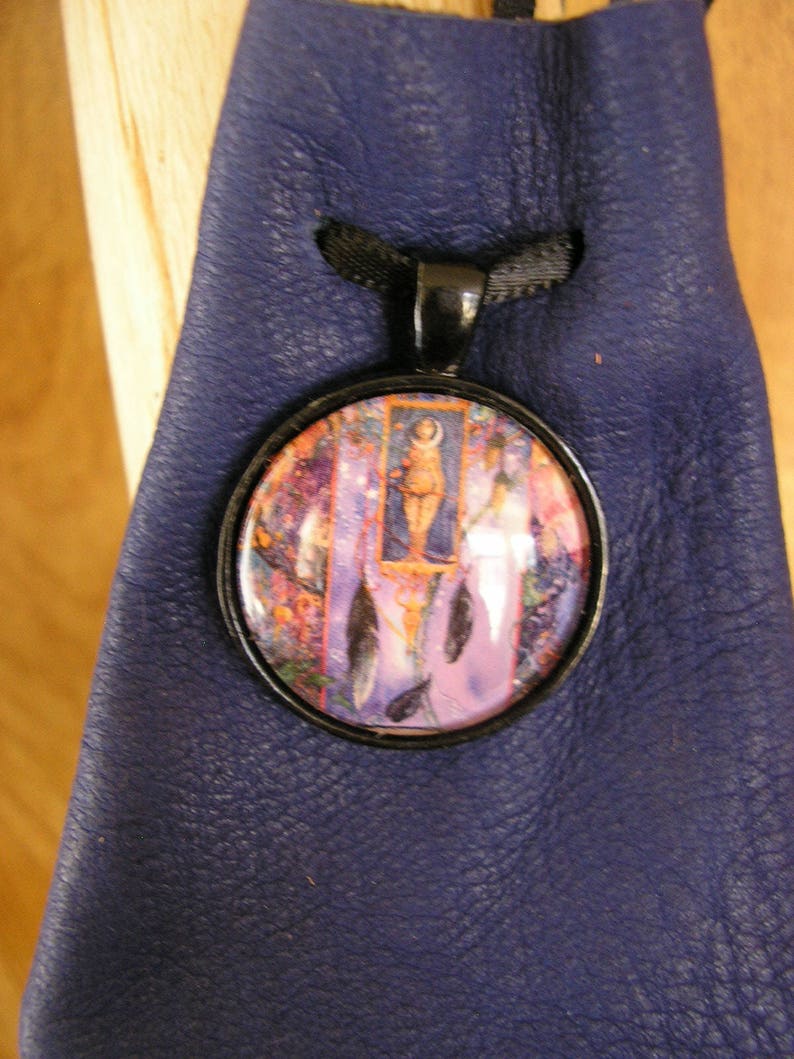 Goddess leather pouch, navy blue leather with adjustable ribbon drawstring neck cord, glass charm, pouch is 3.75 x 2.5 image 3