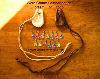 Word Charm - Leather pouch with long neck cord and a 1/2" glass cab charm, several to choose from, price is for 1 pouch with 1 charm