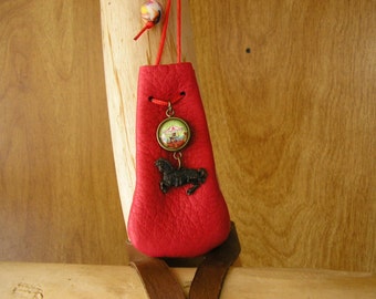 Carousel, Red leather drawstring pouch with a glass charm, metal horse charm  3" x 1.5" adjustable 36" red nylon neck cord