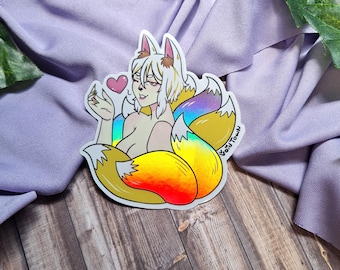Pegatina holográfica de Kitsune Fox Girl / Resistente a los rayos UV y al agua