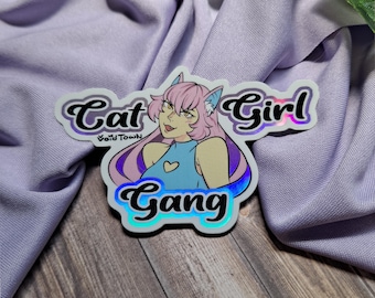 Pegatina holográfica de Cat Girl Gang, resistente a los rayos UV y al agua