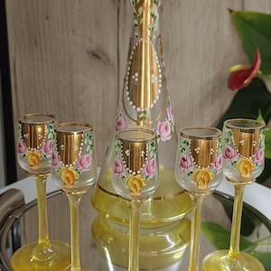 Antique Hand-Painted Glass Decanter Set with Gold Trim – Includes 5 Glasses – Bohemian Art Glass
