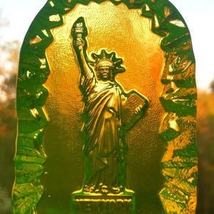 Uranium Glass Figurine Vaseline Yellow Glass Statue of Liberty Art Deco