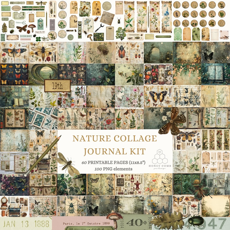 Ultimate Nature Journals Collage Kit 60 Printable Papers & 100 PNG Elements Collection Spring Nature Field Notes Vintage Kit zdjęcie 1