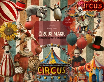 Magie du cirque - ultime paquet de papier numérique, cliparts cirque vintage & arrière-plans, éphémères imprimables de carnaval, kit de créations manuelles et de scrapbooking