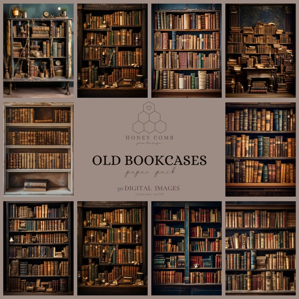 Vintage Bookcase Illustrations Digital Download - 50 High-Quality PNG Images for Wall Art and Junk Journals - Commercial Use