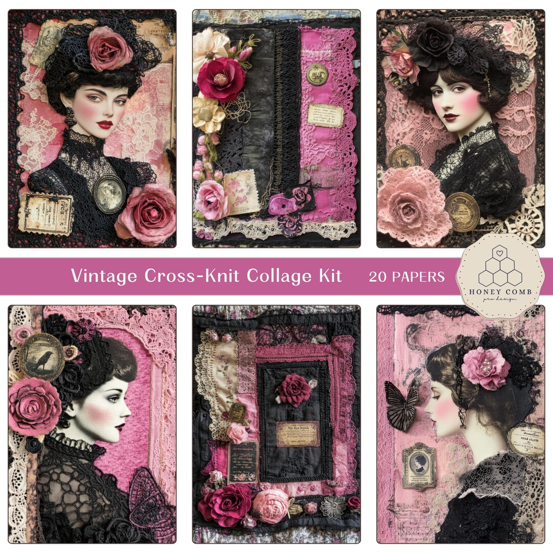 Vintage Cross-knit Collage Kit 20 Images, Antique Labels, Lace Accents ...