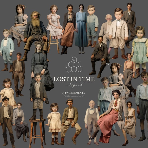 Lost in Time: Vintage Characters Clipart Collection - 45 Historic Portrait PNG Elements - Commercial Use - Junk Journal