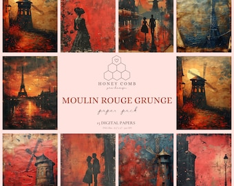 Parisian Nights: Moulin Rouge & Eiffel Tower Grunge Scrapbook Papers - Craft And Journaling Collection - Printable Junk Journal Pages - CU