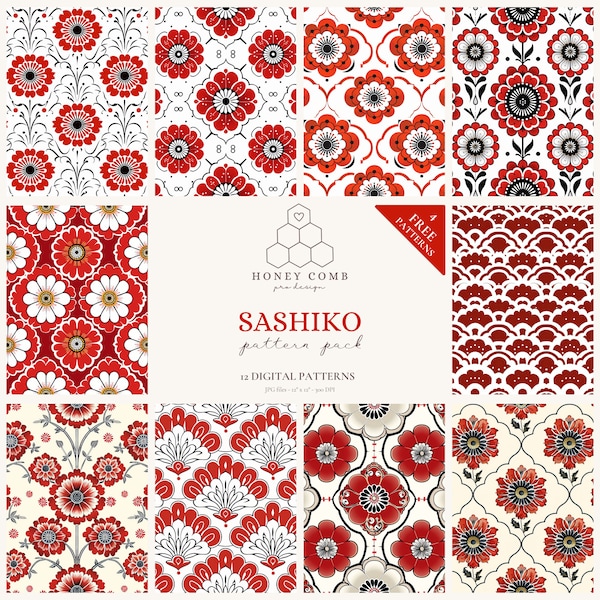 Sashiko Inspired Pattern Bundle, High Quality Digital Download, Japanese Tile Designs for Commercial Use, Japandi