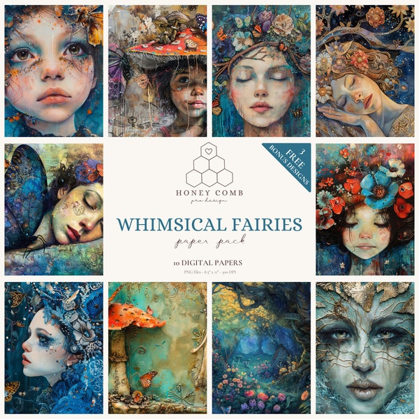 Whimsical Fairies, 13 Whimsical Artistic Fantasy Fairy PNG Background Papers, Digital Download, 11x8.5", Junk Journal, Digital Art