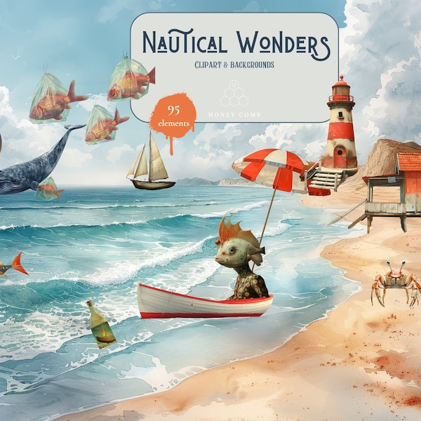 Nautical Wonders - Ultimate Digital Paper Pack, Surreal Seaside Clipart & Backgrounds, Printable Aquatic Ephemera, Craft or Scrapbooking Kit