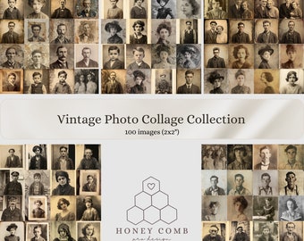 Ensemble de collage photo vintage - 5 feuilles de collage imprimables avec 100 petites vieilles photos de portraits, usage commercial, pour les petits projets de revues indésirables