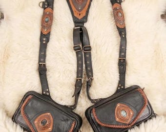 Artisan Handmade Black Leather Dual Holster Harness with Gemstone Accents Festival Utility Bag Boho Leather Shoulder Harness Carry Accessory