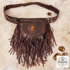 Boho Leather Fringe Belt Bag, Handmade Leather Hip Bag, Festival Waist Bag, Tiger Eye Stone Belt Pouch, Renaissance Belt Bag,