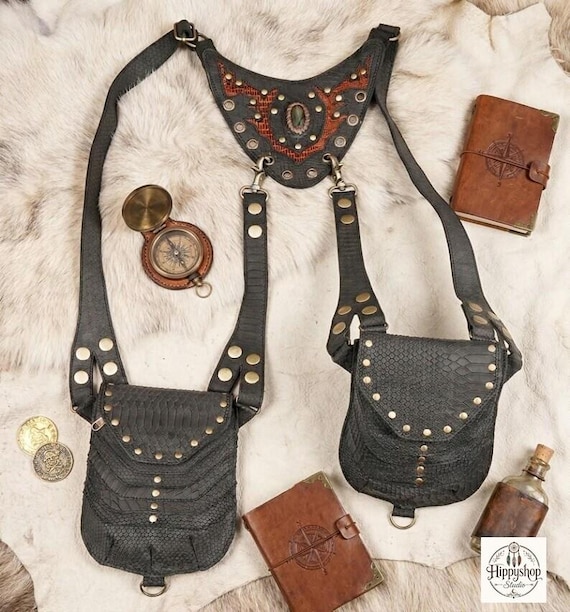 Black Leather Double Holster Harness Bag with Studded Flap Pouches, Handmade Festival Utility Bag, Bohemian Gothic Shoulder Accessory