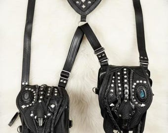 Black Gothic Leather Crossbody Bag, Handmade Tribal Boho Utility Holster Bag, Festival Hip Bag with Studded Skull Design for Women