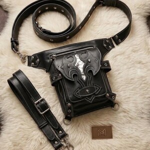 Handmade Black Leather Thigh Holster Bag, Gothic Leg Pouch with Shoulder Strap, Steampunk Utility Hip Bag, Cyberpunk Festival Harness Bag