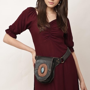 Handcrafted Black Leather Hip Belt Bag with Turquoise Stone Accent Bohemian Utility Fanny Pack for Women, Festival Waist Pouch