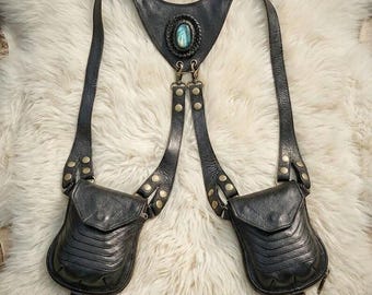 Handmade Leather Double Holster Harness Bag with Utility Pouches | Burning Man Festival Chest Rig for Men and Women