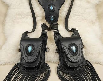 Handmade Black Leather Festival Harness Bag Labradorite Gemstones Bohemian Fringe Holster Dual Pocket Utility Harness Festival Accessory