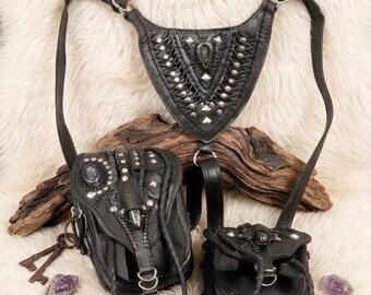 Handmade Black Leather Studded Dual Holster Harness Bag Tribal Braided Tassel Festival Utility Belt, Boho Gothic Gemstone Shoulder Accessory