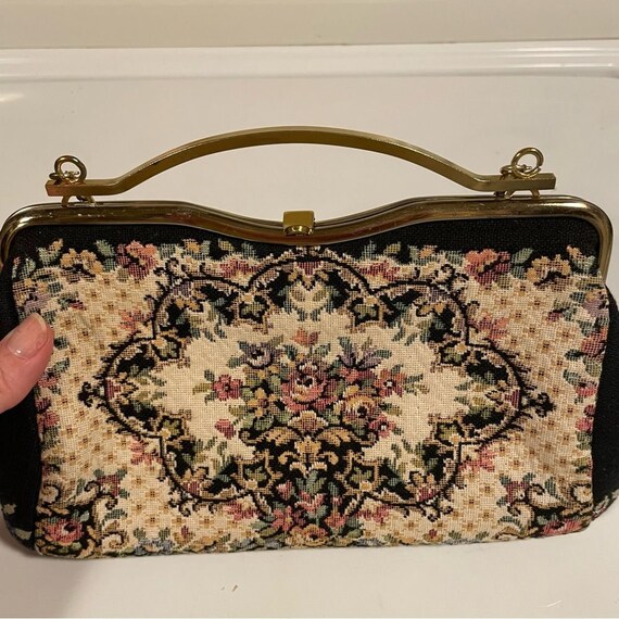 Vintage Petit Point Frame Purse Floral Gold Chain… - image 5