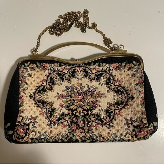 Vintage Petit Point Frame Purse Floral Gold Chain… - image 1