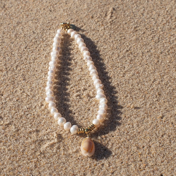 Pearlfection Necklace -  100 %  Handmade - Freshwater pearls, Gold plated & Cowrie Shell