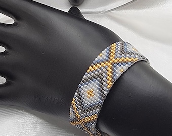 Patroon met geometrische weefgetouwkralen, gouden Miyuki-kralenpatroon, Miyuki Delica-armbandpatroon, vierkante steekpatroon, art deco-zaadkraal-schemer