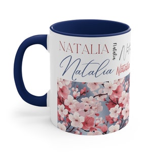 Repeated Name Blue Cherry Blossom Flower Personalized Ceramic Mugs, Japanese Sakura Floral Custom Name Gift Mug, Custom Flower Gift Mug.