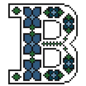 Puede incluir: Letra "B" pixelada en negro, adornada con patrones florales azules y verdes. El diseño presenta flores azules y acentos verdes, creando una letra del alfabeto decorativa y estilizada.