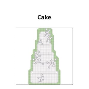 May include: A white, four-tiered cake with floral decorations. The word "Cake" is above the image. The cake is outlined in green.
