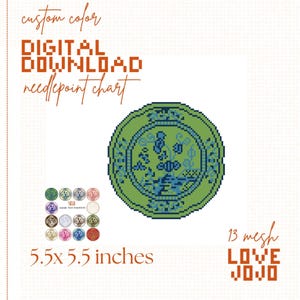 May include: A digital needlepoint chart featuring a circular plate design in green and blue pixel art. The text reads custom color, DIGITAL DOWNLOAD, needlepoint chart, 13 mesh, LOVE JOJO, and 5.5x 5.5 inches. A grid of small circular color samples is included.